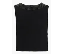 Faux patent leather-trimmed wool-blend crepe top - Black
