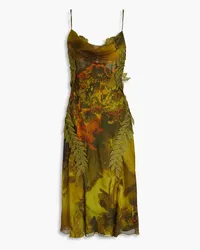 Alberta Ferretti Guipure lace-trimmed draped printed silk-chiffon midi dress - Green Green