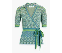 Marnee metallic jacquard-knit cotton-blend wrap top - Green