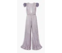 Feather-trimmed embellished tulle wide-leg jumpsuit - Purple