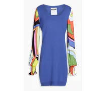 Printed jersey-paneled silk and cashmere-blend mini dress - Blue