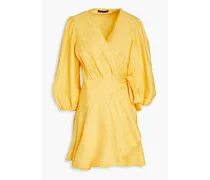 Crinkled linen-blend mini wrap dress - Yellow