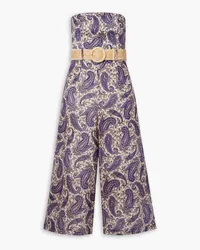 Zimmermann Devi strapless belted cropped paisley-print linen jumpsuit - Blue Blue