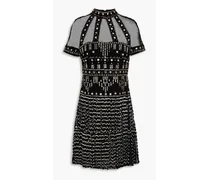 Fringed embellished tulle and suede mini dress - Black