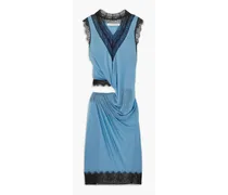 Cutout draped lace-trimmed chiffon dress - Blue