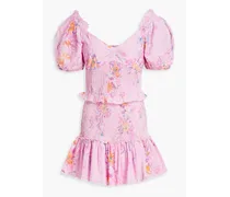 Jarrah shirred floral-print Swiss-dot cotton mini dress - Pink