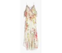 Cold-shoulder floral-print silk crepe de chine wrap dress - White