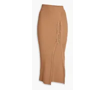 Janella ring-embellished ribbed-knit midi skirt - Brown