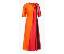 Color-block draped silk-satin midi dress - Orange