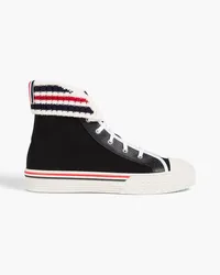 Thom Browne Striped knitted, canvas and pebbled-leather high-top sneakers - Black Black