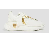Metallic leather, shell and mesh sneakers - White