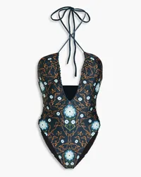 AGUA BENDITA Cauca Mosaico floral-print halterneck swimsuit - Blue Blue