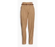 Pleated wool and cotton-blend twill tapered pants - Brown