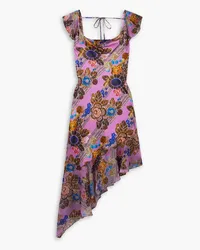 Rodarte Asymmetric floral-print chiffon-trimmed silk-satin midi dress - Purple Purple