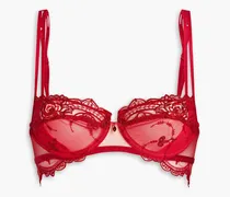 Tellement Glamour embroidered metallic stretch-tulle underwired balconette bra - Red