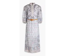 Belted paisley-print linen midi dress - Blue
