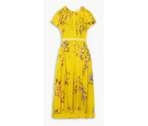 Ruffled floral-print silk-chiffon midi dress - Yellow