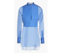 Cotton poplin-paneled silk-organza blouse - Blue