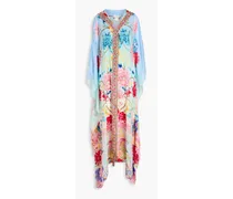 Crystal-embellished floral-print silk crepe de chine kimono - Blue
