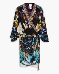 Camilla Crystal-embellished gathered floral-print silk crepe de chine mini wrap dress - Purple Purple