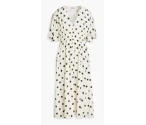 Gathered polka-dot fil coupé georgette midi dress - White