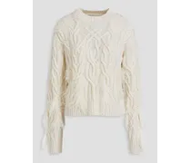 Feather-embellished cable-knit wool and cashmere-blend turtleneck sweater - White