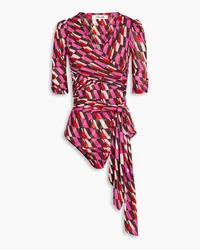 Diane von Furstenberg Abbie wrap-effect printed mesh bodysuit - Pink Pink