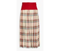 Checked-paneled silk and cotton-blend midi skirt - Neutral