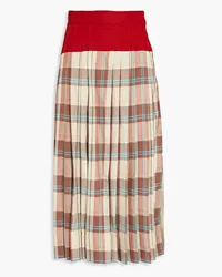 Tory Burch Checked-paneled silk and cotton-blend midi skirt - Neutral Neutral