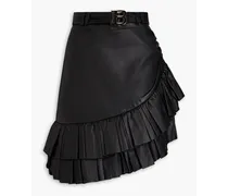 Asymmetric plissé leather mini skirt - Black
