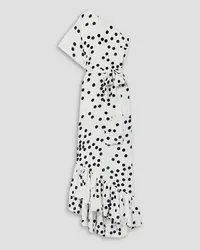 Monique Lhuillier One-shoulder belted ruffled polka-dot crepe gown - White White