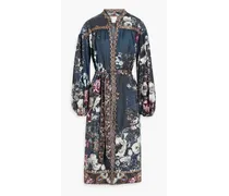 Belted embellished silk crepe de chine midi dress - Blue
