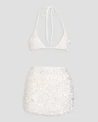 Leslie Amon Crushed Shell embellished stretch-chiffon bikini top and mini skirt set - White White