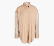 Embellished silk organza-paneled cotton-blend poplin shirt - Neutral