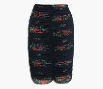 Ruched floral-print mesh mini skirt - Black