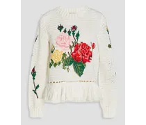 Fringed intarsia cotton sweater - White