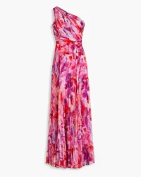 Marchesa One-shoulder pleated floral-print chiffon gown - Pink Pink