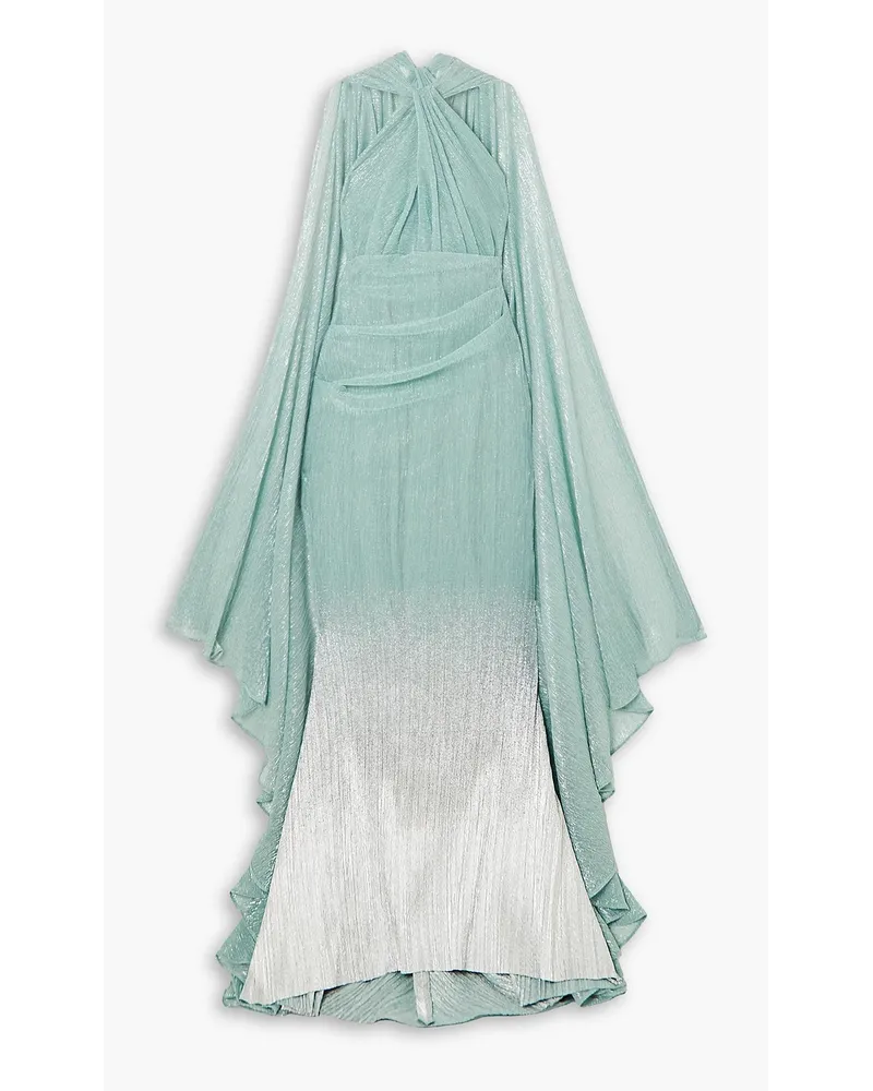 Talbot Runhof Cape-effect metallic dégradé plissé-knit gown - Blue Blue