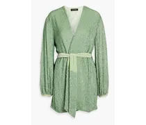 Gabrielle velvet-trimmed sequined chiffon mini wrap dress - Green