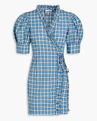 Ganni Checked cotton-blend seersucker mini wrap dress - Blue Blue