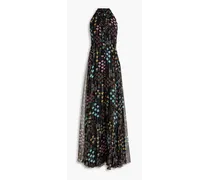 Pleated printed silk-voile gown - Black