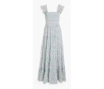 Shirred floral-print broderie anglaise maxi dress - Blue