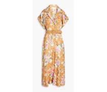 Cropped belted floral-print linen jumpsuit - Brown