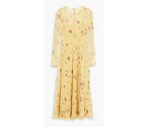 Pleated floral-print chiffon midi dress - Yellow