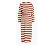 Belted striped cotton-jersey midi dress - Brown