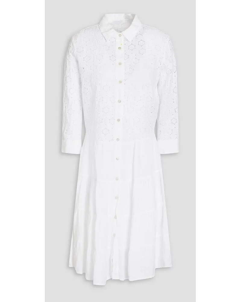 120% Lino Broderie anglaise-paneled slub linen mini shirt dress - White White