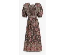 Tess smocked brushed floral-print cotton midi dress - Gray