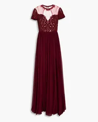 Zuhair Murad Embellished gathered tulle-paneled silk-blend chiffon gown - Burgundy Burgundy