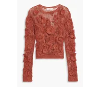 Floral-appliquéd crochet-knit flax sweater - Red