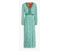 Anjali guipure lace-trimmed printed crepe midi dress - Green